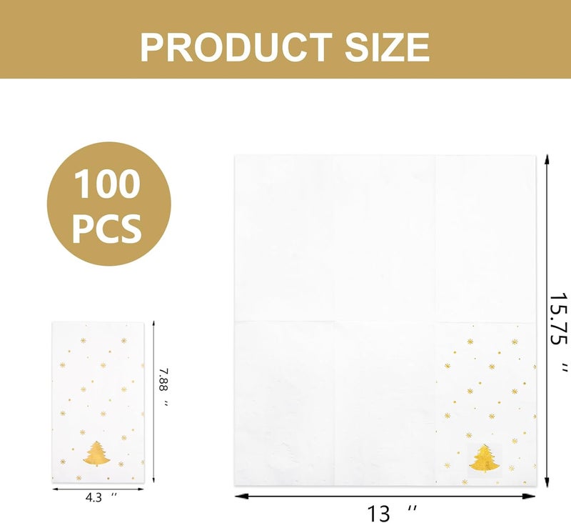WDF 100Pack Gold Christmas Napkins Disposable - 3ply Christmas Tree Paper Napkins, Premium Quality Disposable Gold, Party Dinner for Tableware Decor - Image 3